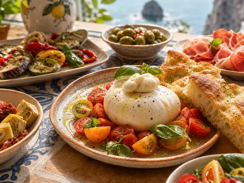 Burrata con tomate, verduras y focaccia